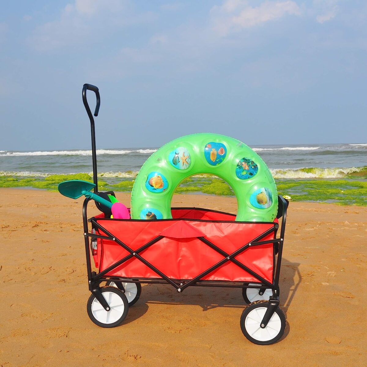 TheRedDay Theredday.ccom 81ZQjddkG1L. AC SL1500 en.product.1NI9LXV40 broadmix collapsible outdoor utility wagon cart with adjustable handles and 8 rubber wheels folding garden cart with double fabric perfect use Large Capacity Folding Wagon Garden Shopping Beach Cart